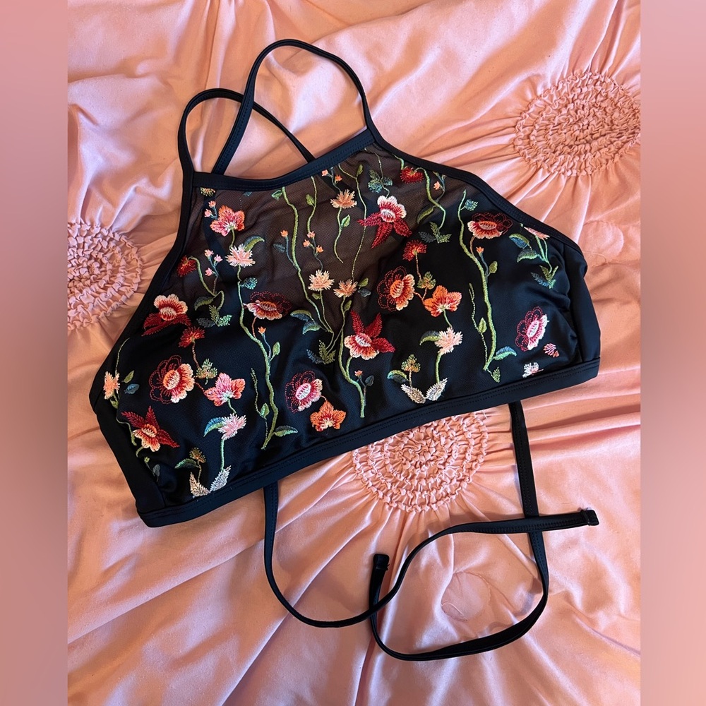 Xhilaration Black Bikini Top with Floral Embroidery